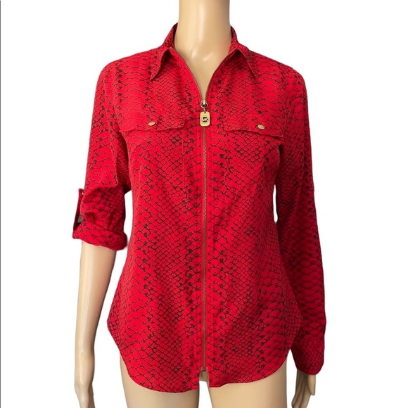 Michael Kors red snakeskin print fitted zip up long sleeve collared shirt  XS - Picture 1 of 12